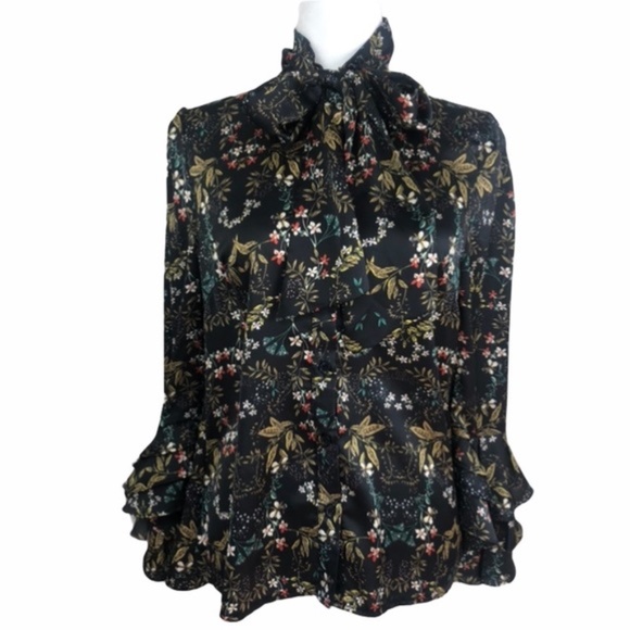 GRACIA Blouse Tie Neck Button Up Ruffle Sleeve Size M - Picture 9 of 11